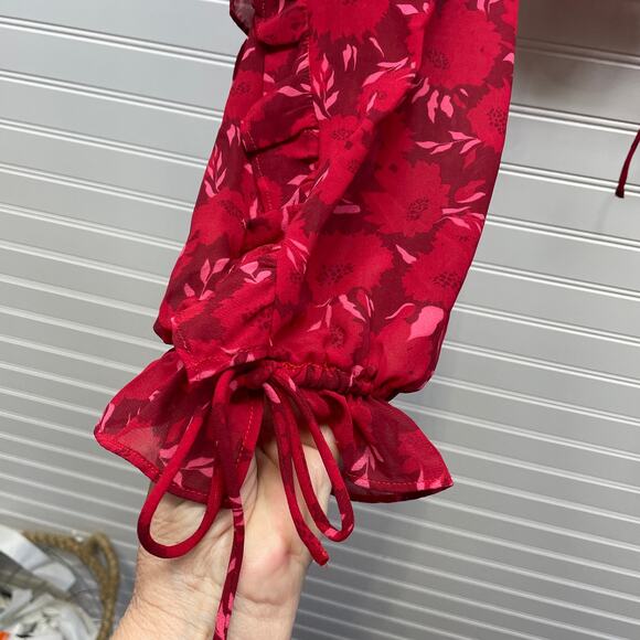 LUSH Cropped Long Sleeve Tie Front Open Back Red Floral Lined Top Size XL - Picture 9 of 15